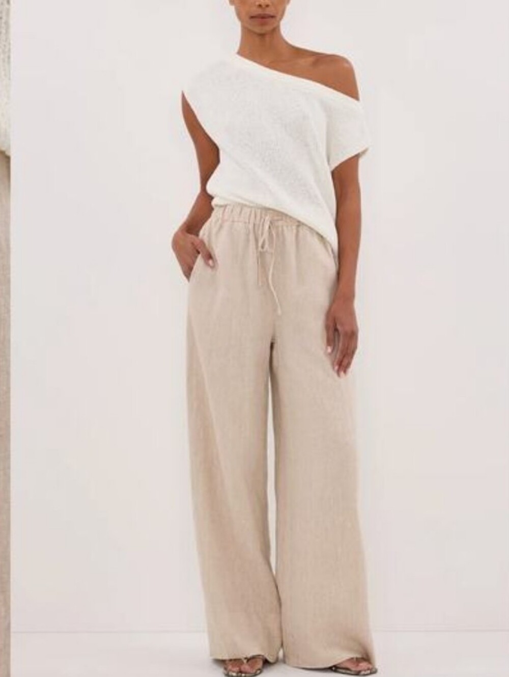 DISSH Gina Linen Waist Wide Leg Pants Sz 8 Beige Relaxed Fit Boho Minimalist